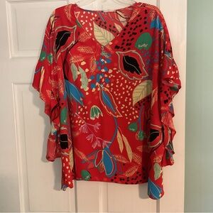 Red Floral V-Neck Flutter Sleeve Blouse